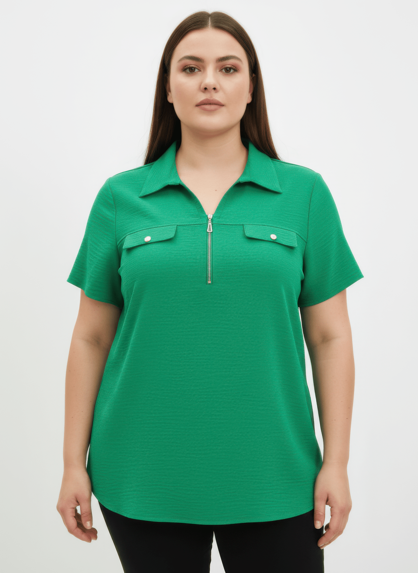 Women Zip-front Collared Utility Knit Top Shirts & Tops jehouze Green L 