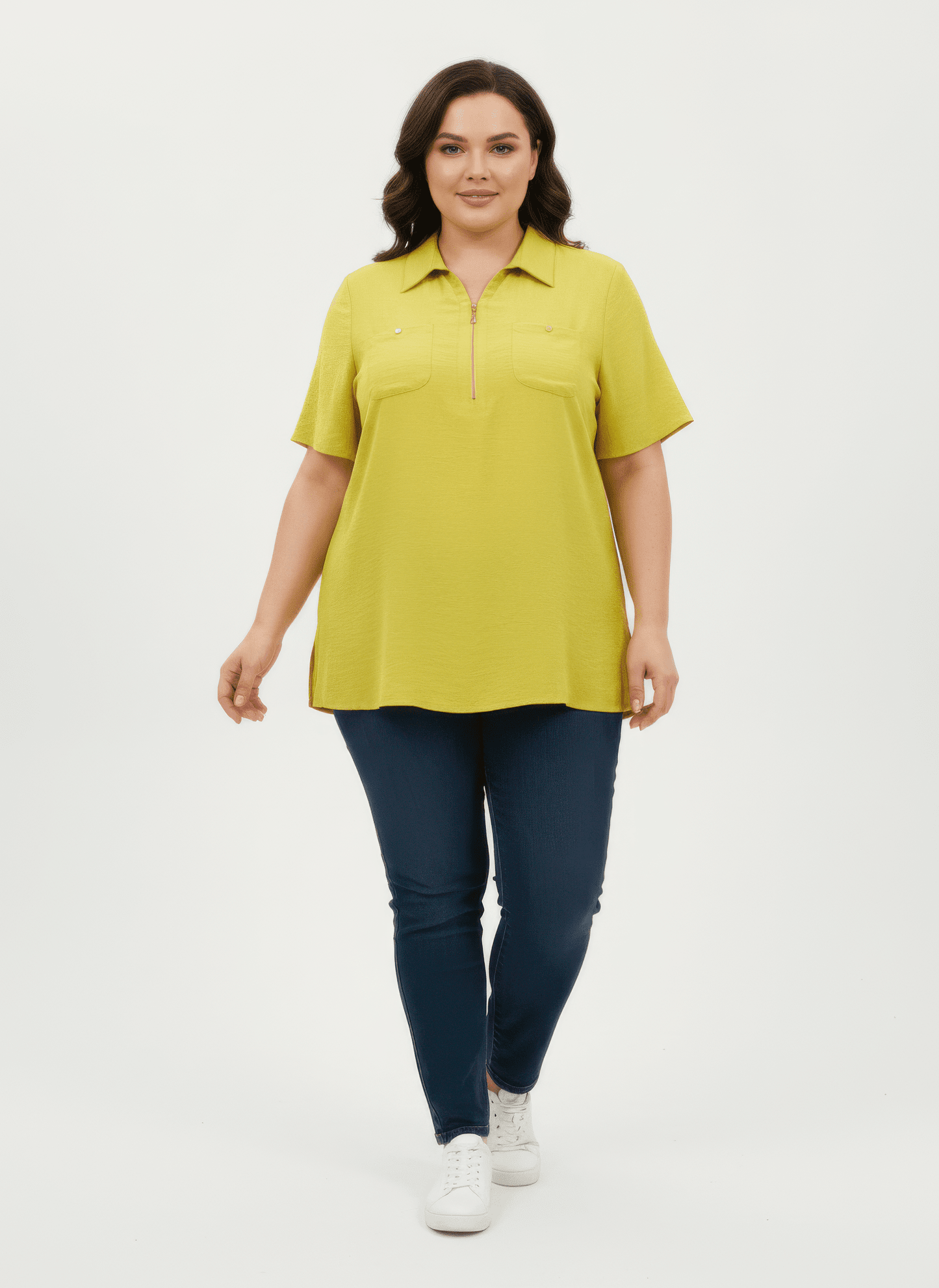 Women Zip-front Collared Utility Knit Top Shirts & Tops jehouze Lime L 