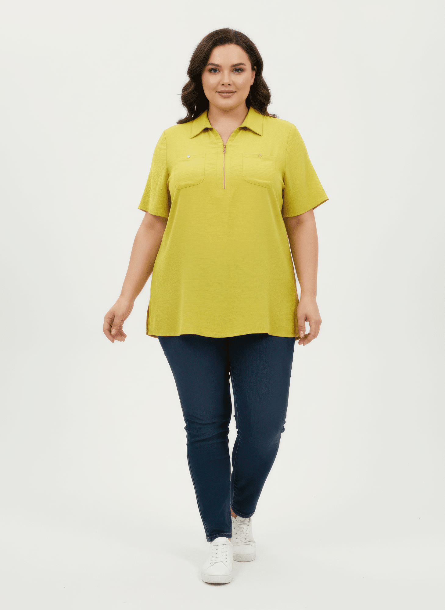 Women Zip-front Collared Utility Knit Top Shirts & Tops jehouze Lime L 