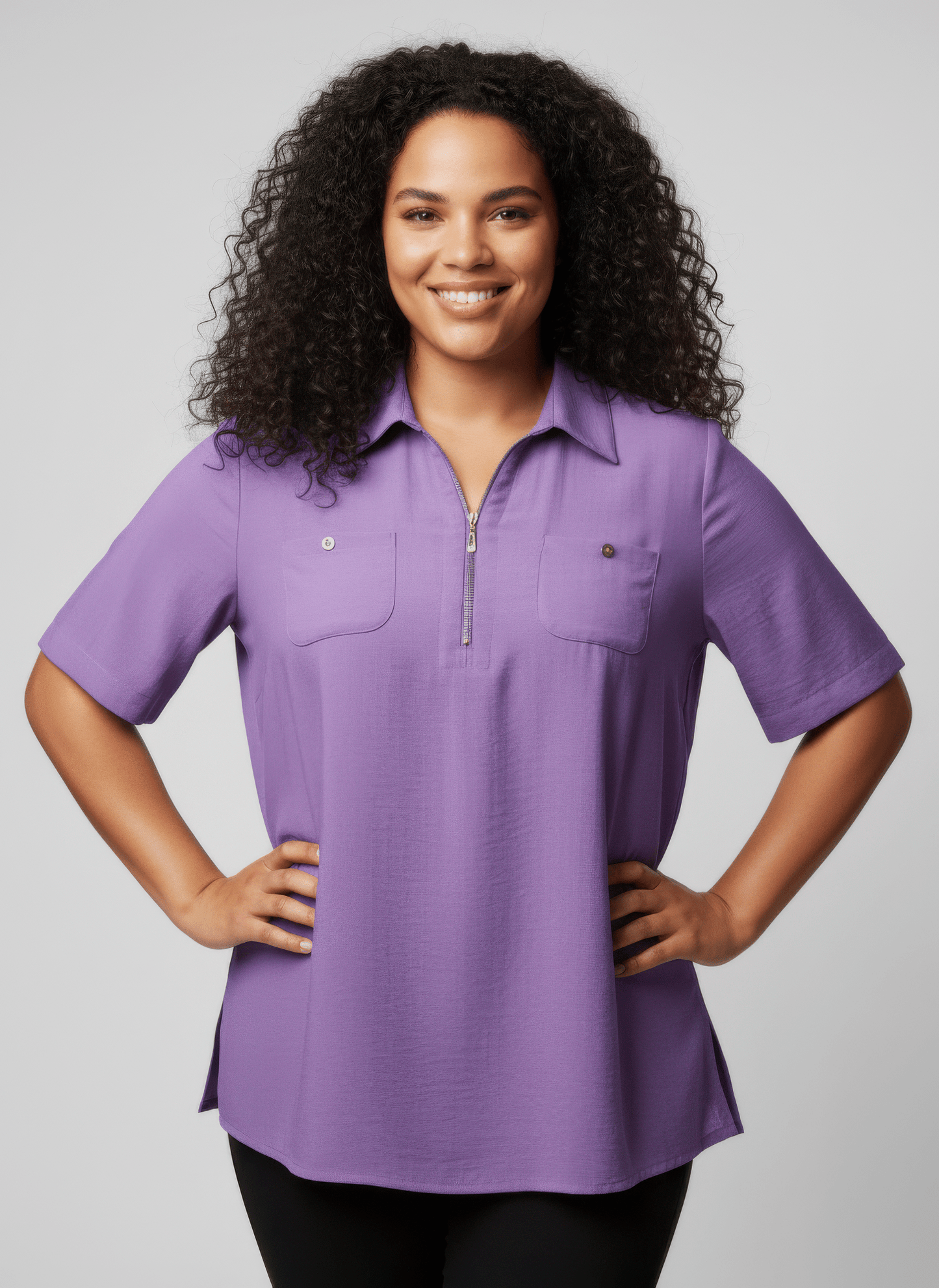 Women Zip-front Collared Utility Knit Top Shirts & Tops jehouze Purple L 