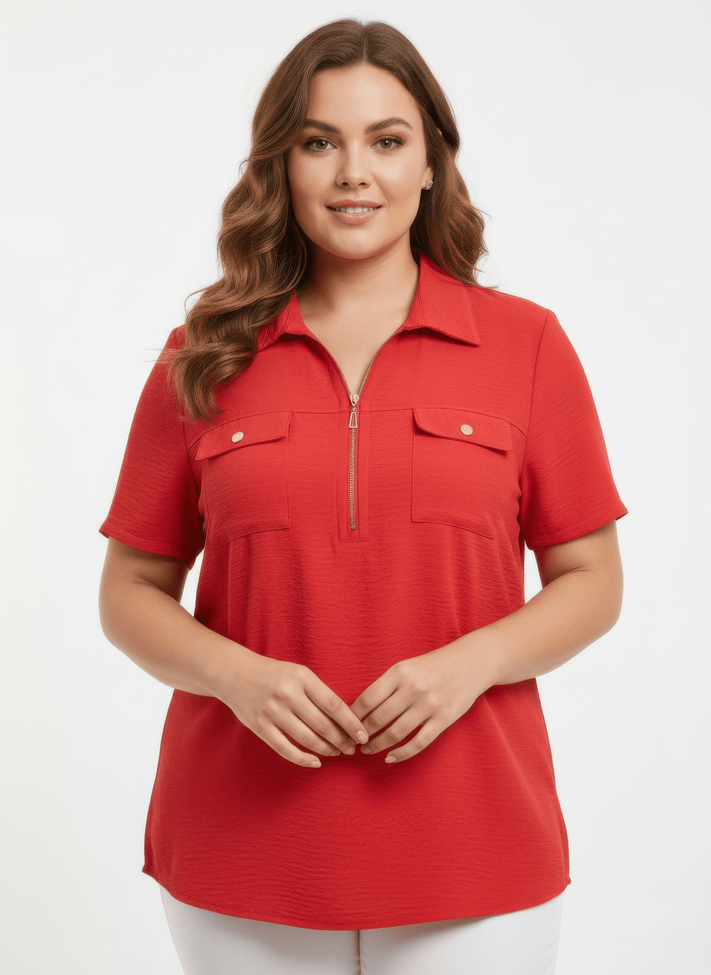 Women Zip-front Collared Utility Knit Top Shirts & Tops jehouze Red L 