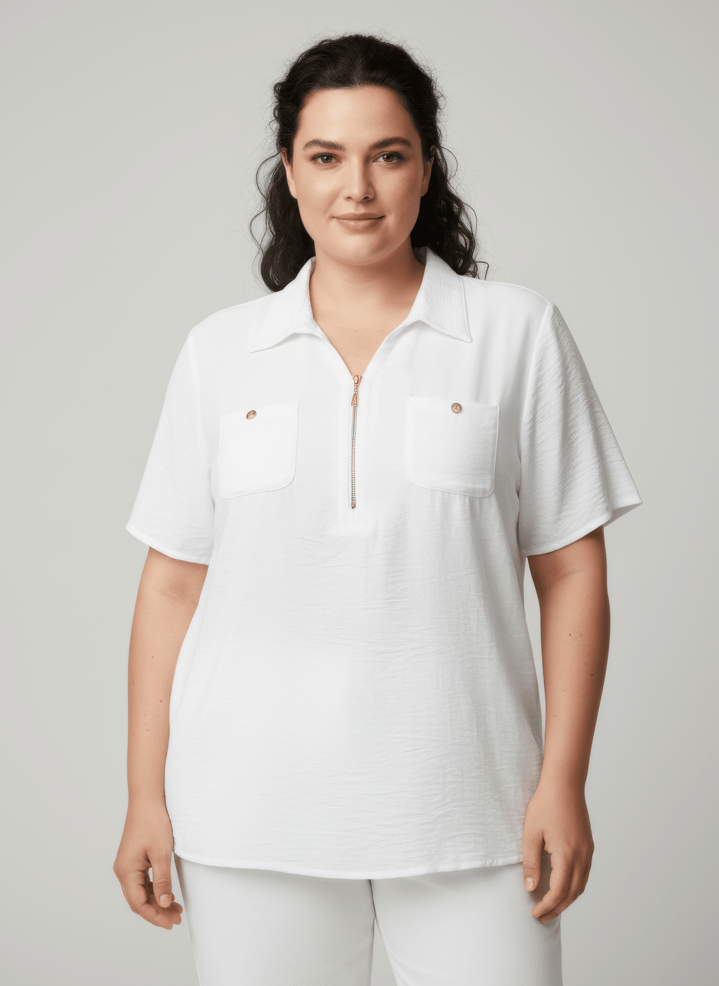 Women Zip-front Collared Utility Knit Top Shirts & Tops jehouze White L 