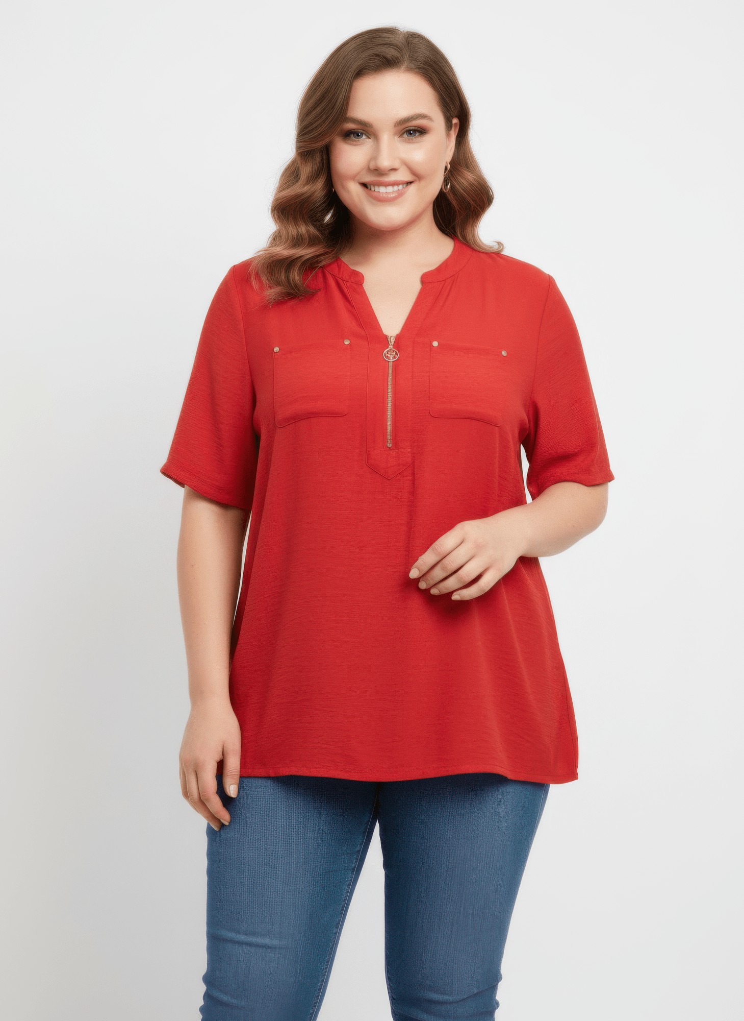 Women Zip-front Utility Pocket Knit Top jehouze 