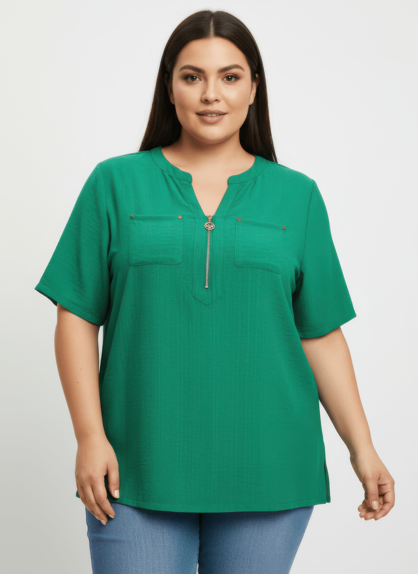 Women Zip-front Utility Pocket Knit Top jehouze Green L 