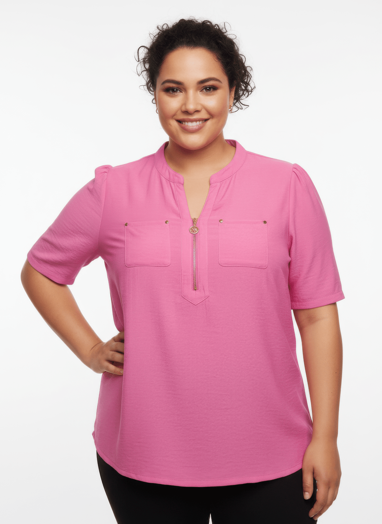 Women Zip-front Utility Pocket Knit Top jehouze Pink L 