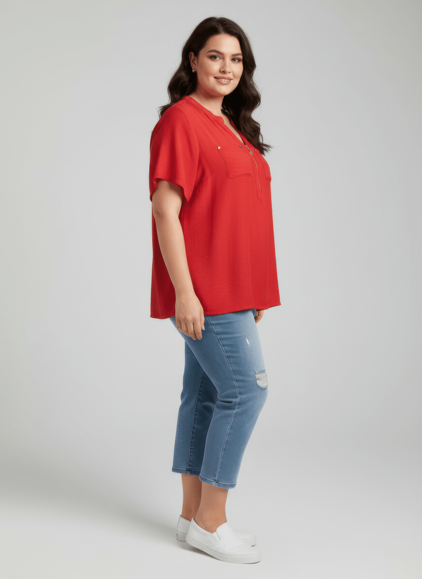 Women Zip-front Utility Pocket Knit Top jehouze Red L 