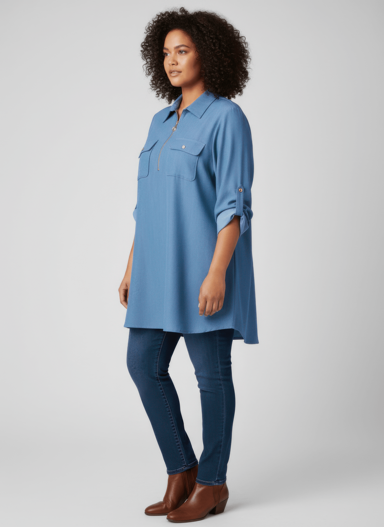 Women Zip Front Utility Pocket Tunic Blouse Shirts & Tops jehouze 