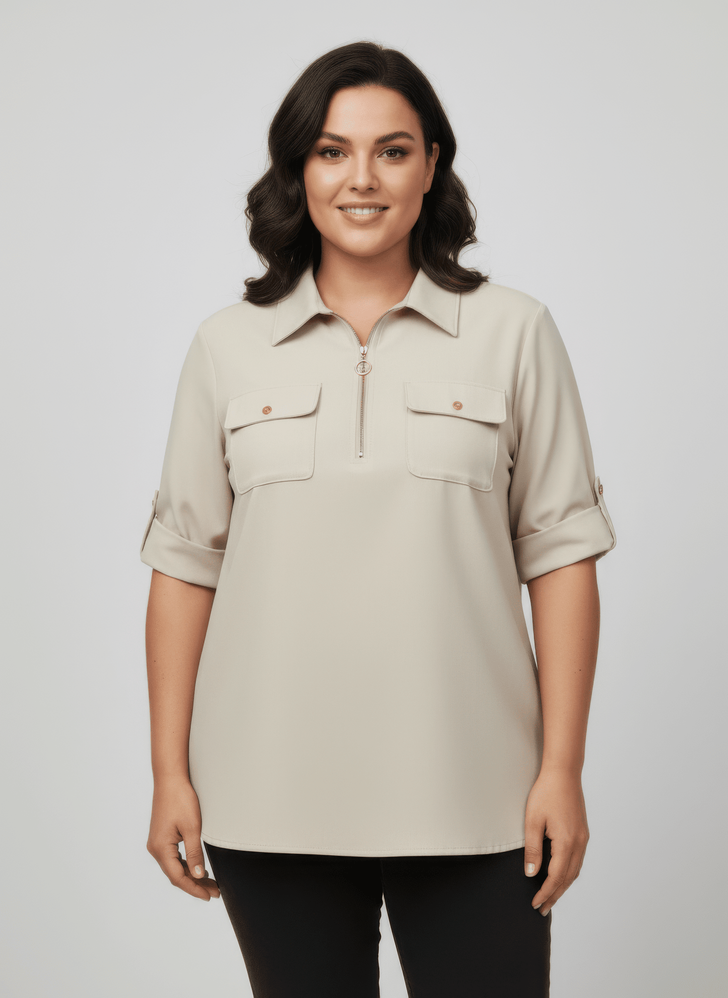Women Zip Front Utility Pocket Tunic Blouse Shirts & Tops jehouze Beige XL 