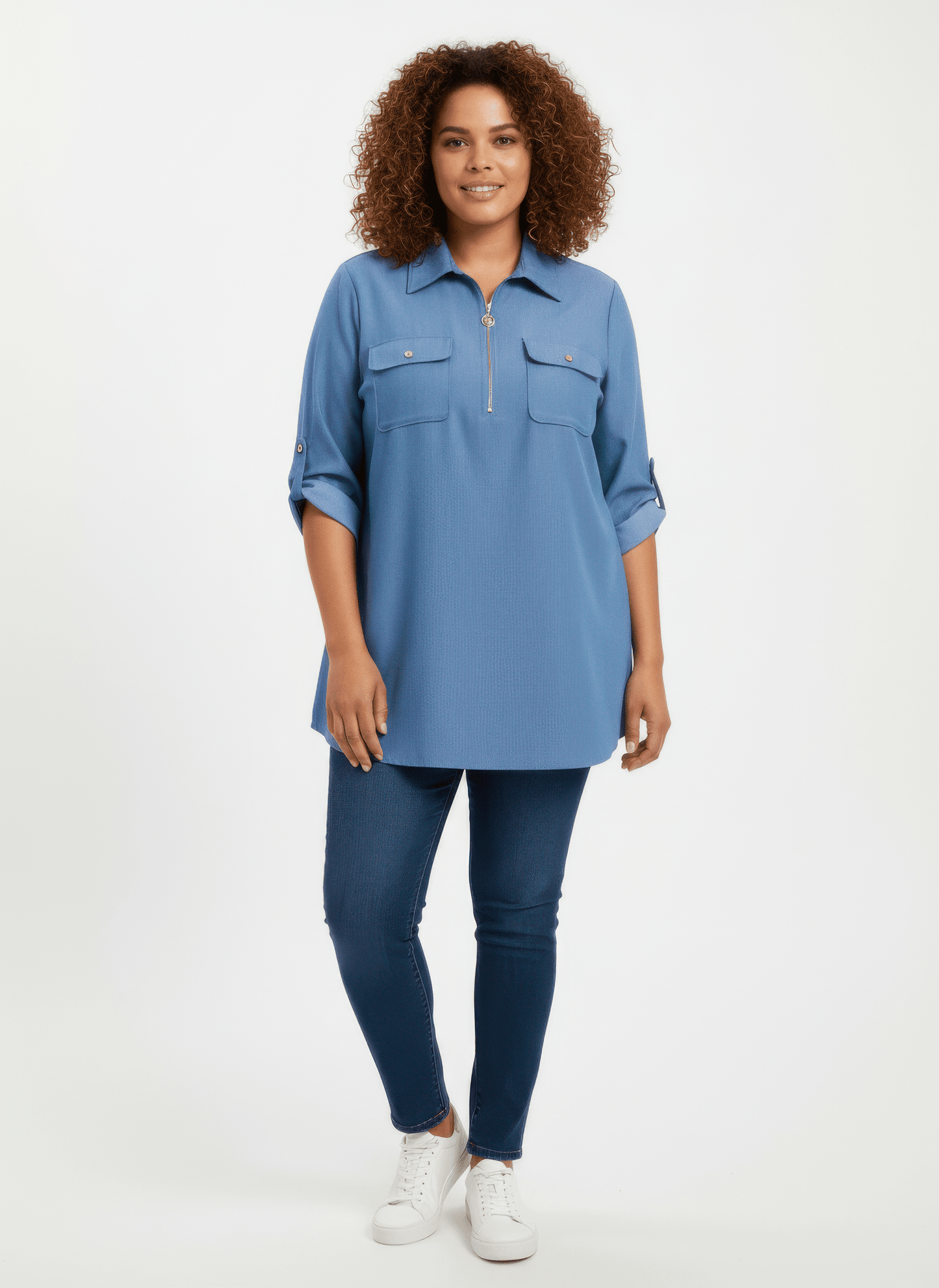 Women Zip Front Utility Pocket Tunic Blouse Shirts & Tops jehouze Blue XL 