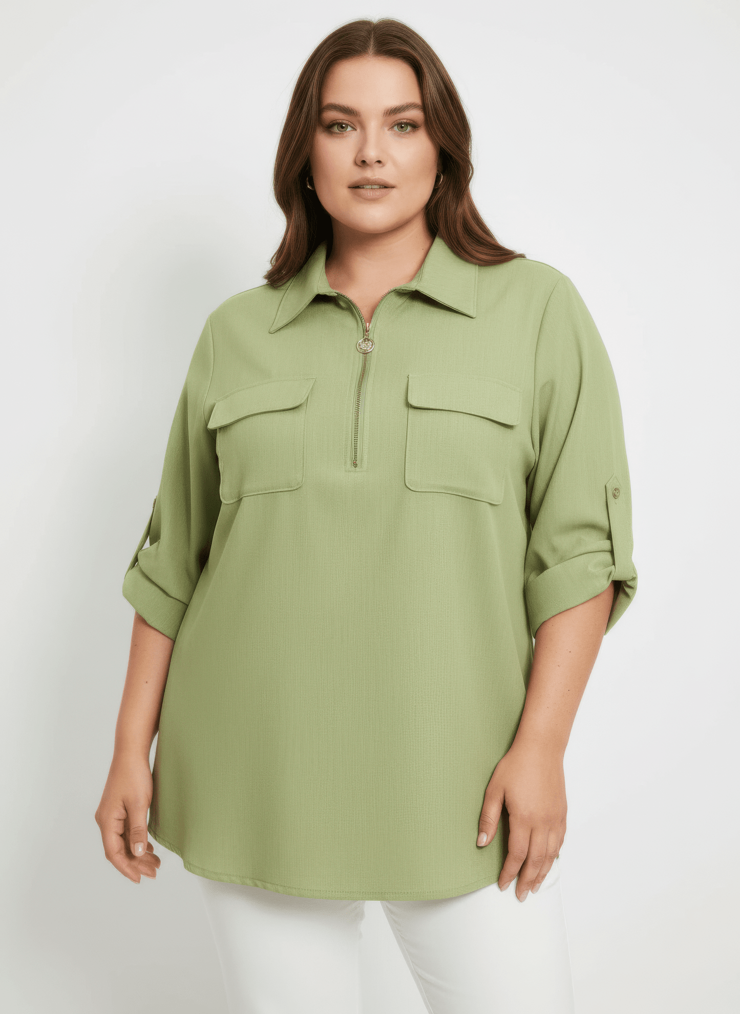 Women Zip Front Utility Pocket Tunic Blouse Shirts & Tops jehouze Green XL 