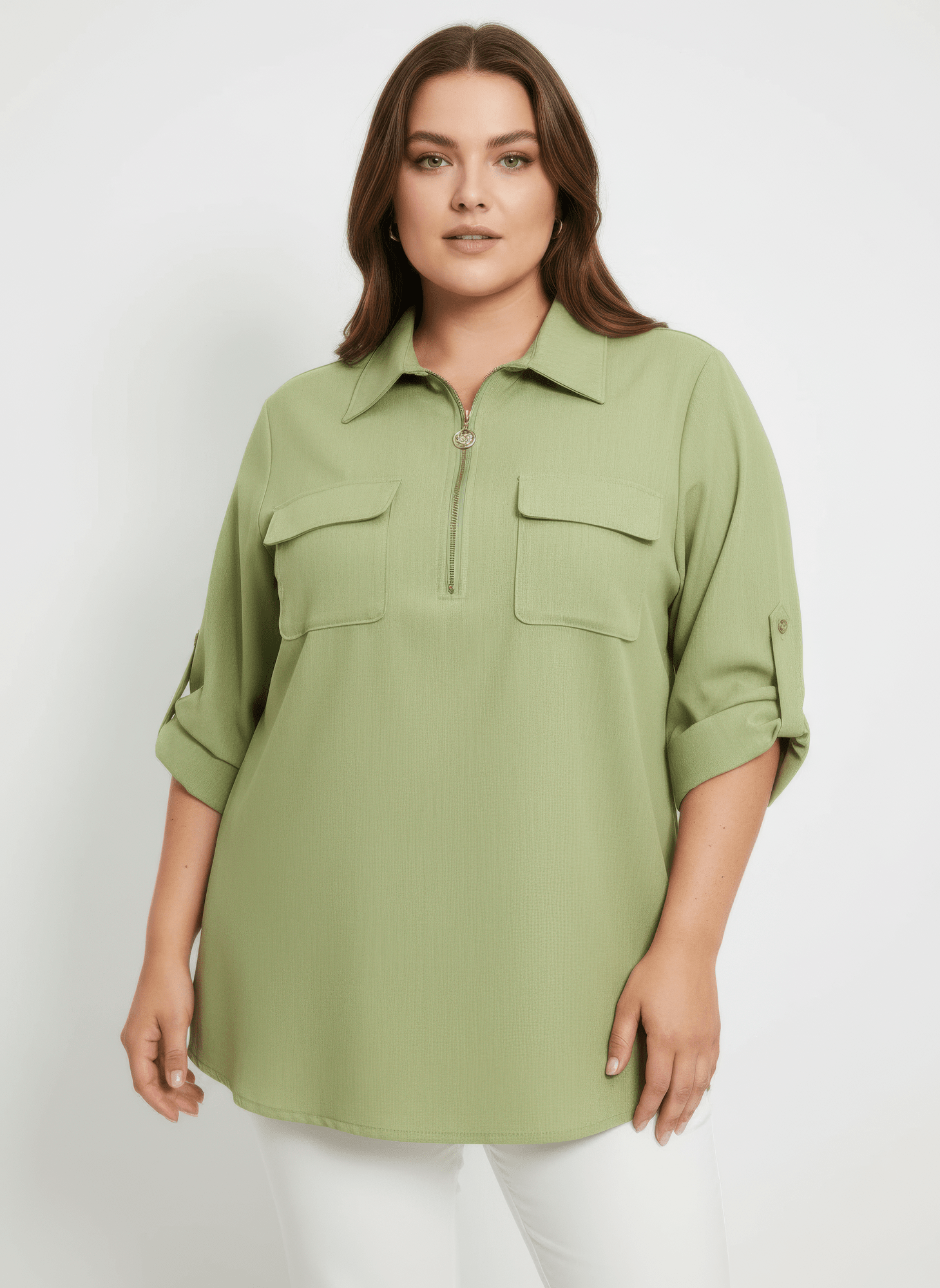 Women Zip Front Utility Pocket Tunic Blouse Shirts & Tops jehouze Green XL 