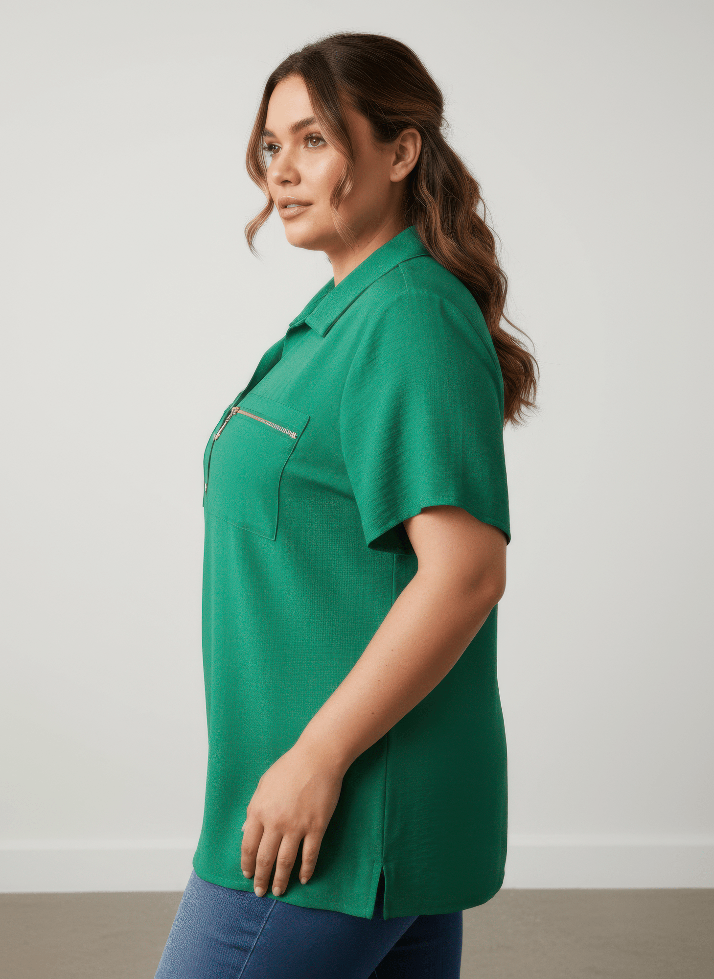 Women Zip Pocket Collared Knit Tunic Top Shirts & Tops jehouze 