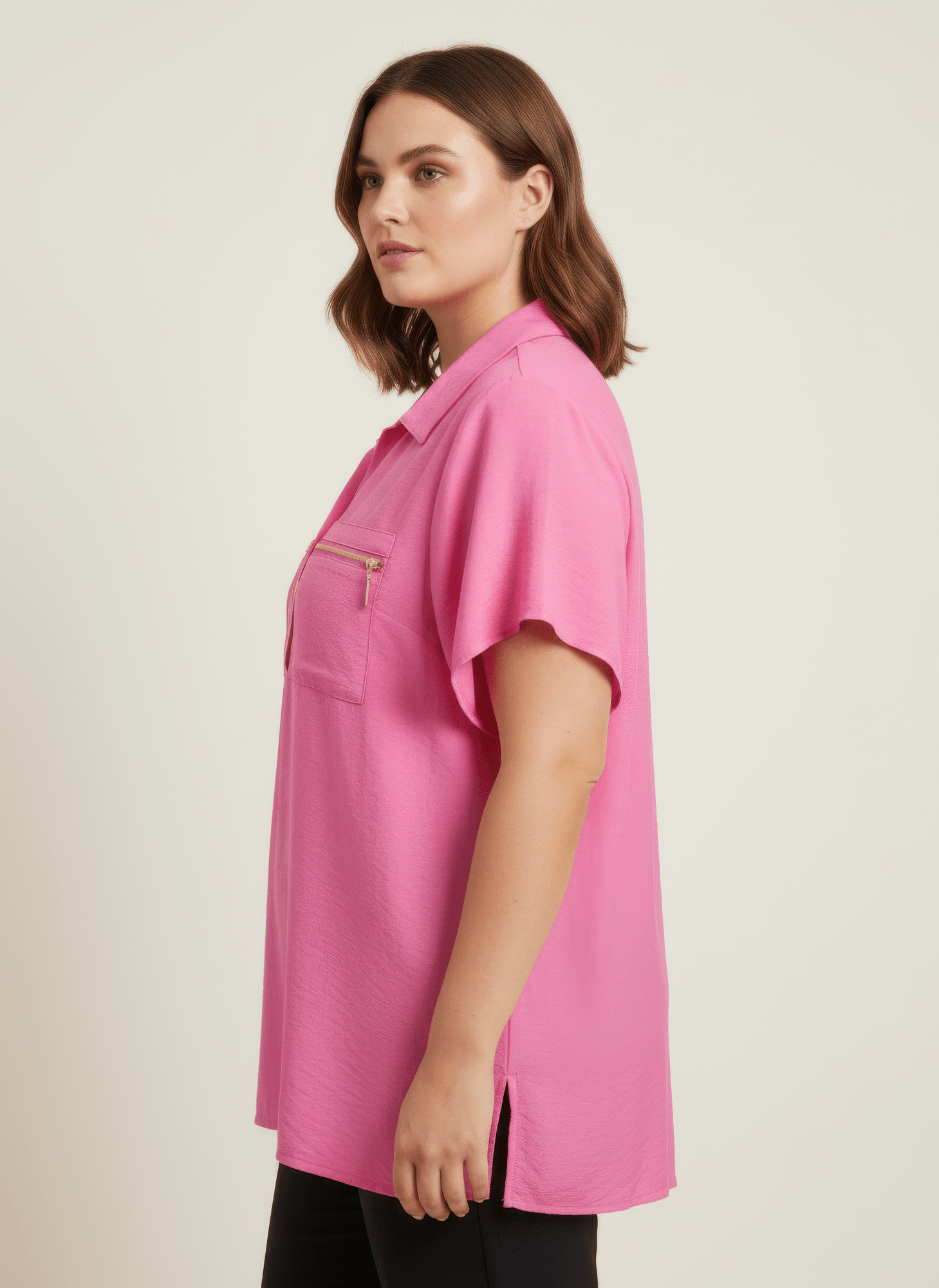 Women Zip Pocket Collared Knit Tunic Top Shirts & Tops jehouze 