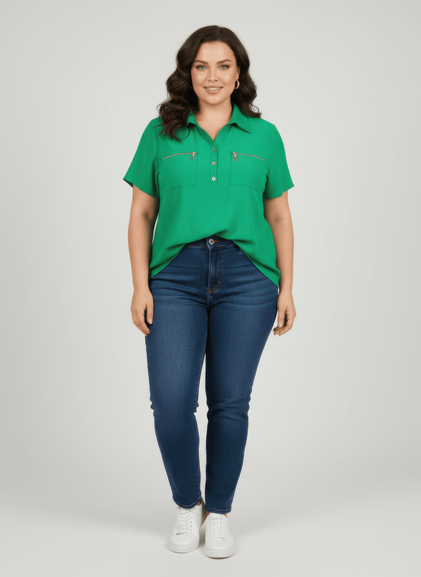 Women Zip Pocket Collared Knit Tunic Top Shirts & Tops jehouze Green L 