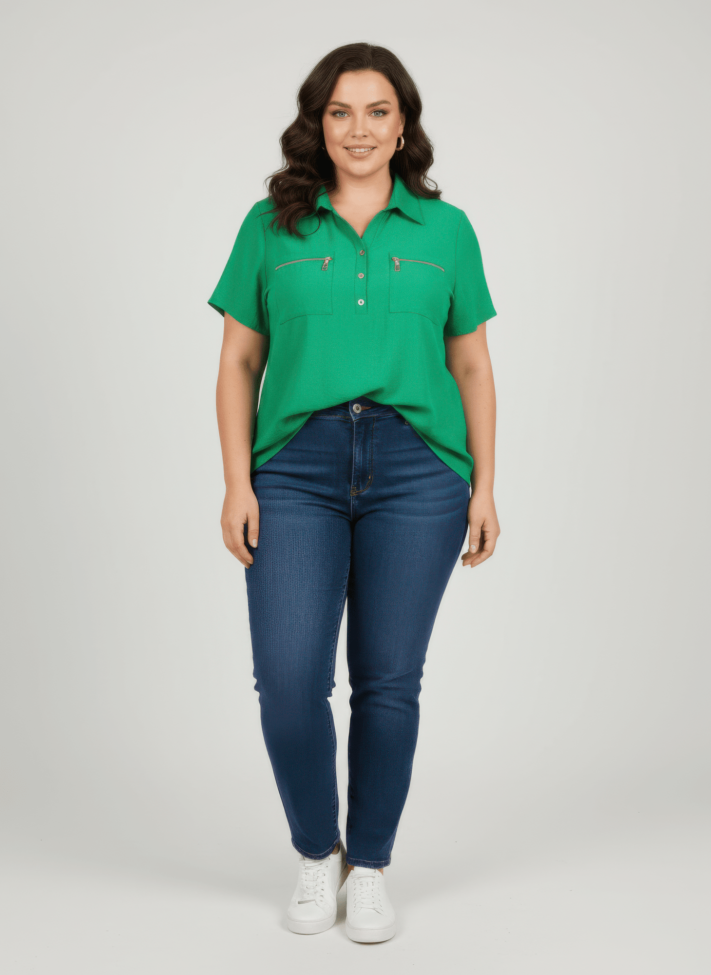 Women Zip Pocket Collared Knit Tunic Top Shirts & Tops jehouze Green L 