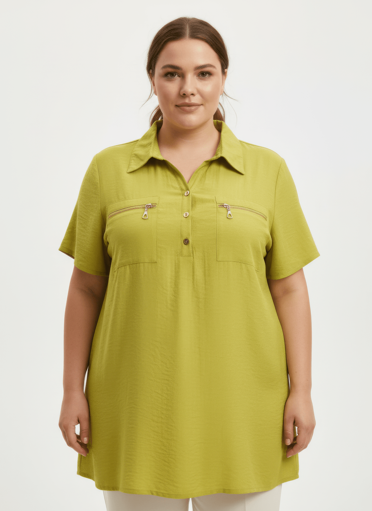 Women Zip Pocket Collared Knit Tunic Top Shirts & Tops jehouze Lime L 