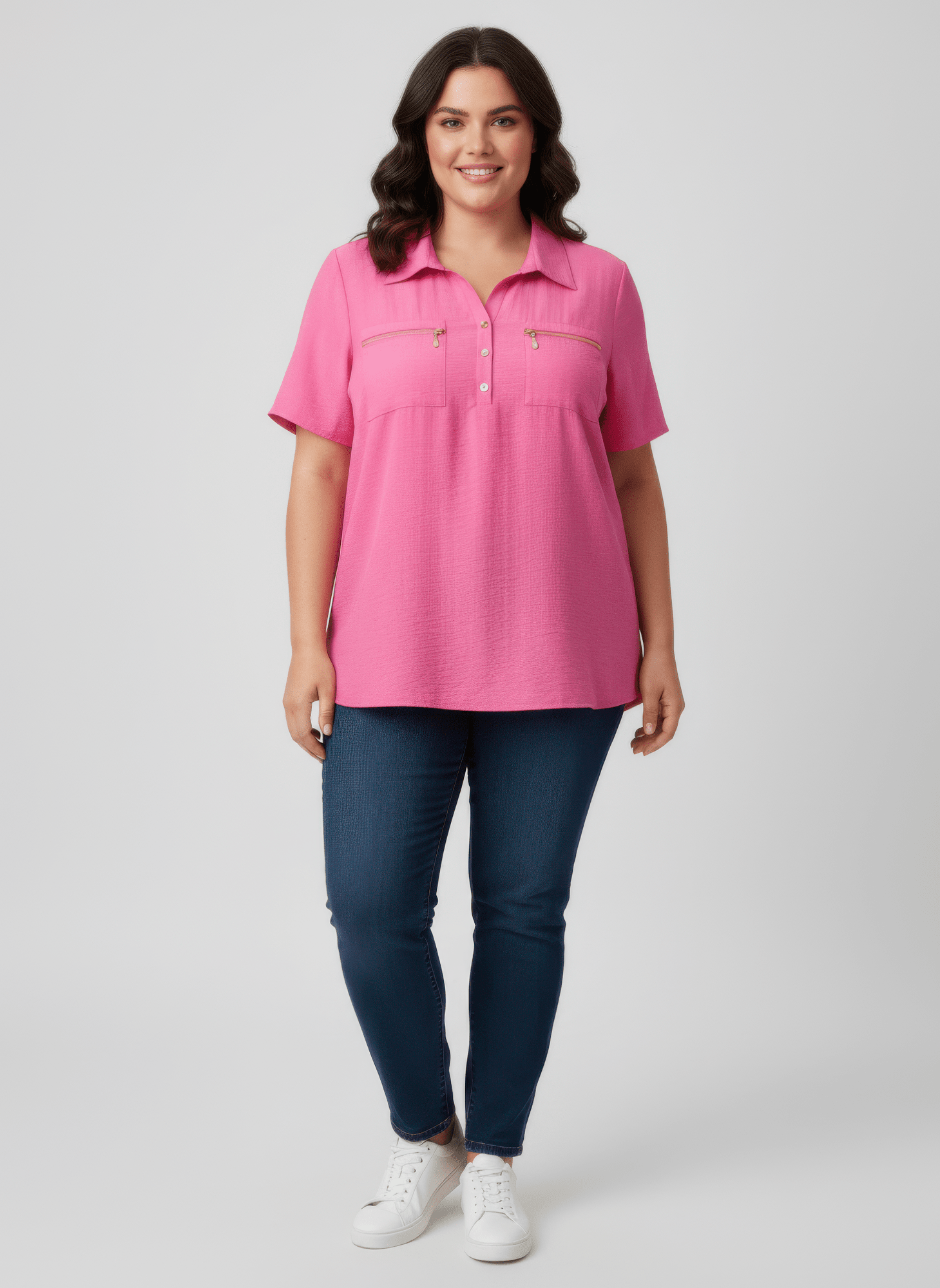 Women Zip Pocket Collared Knit Tunic Top Shirts & Tops jehouze Pink L 