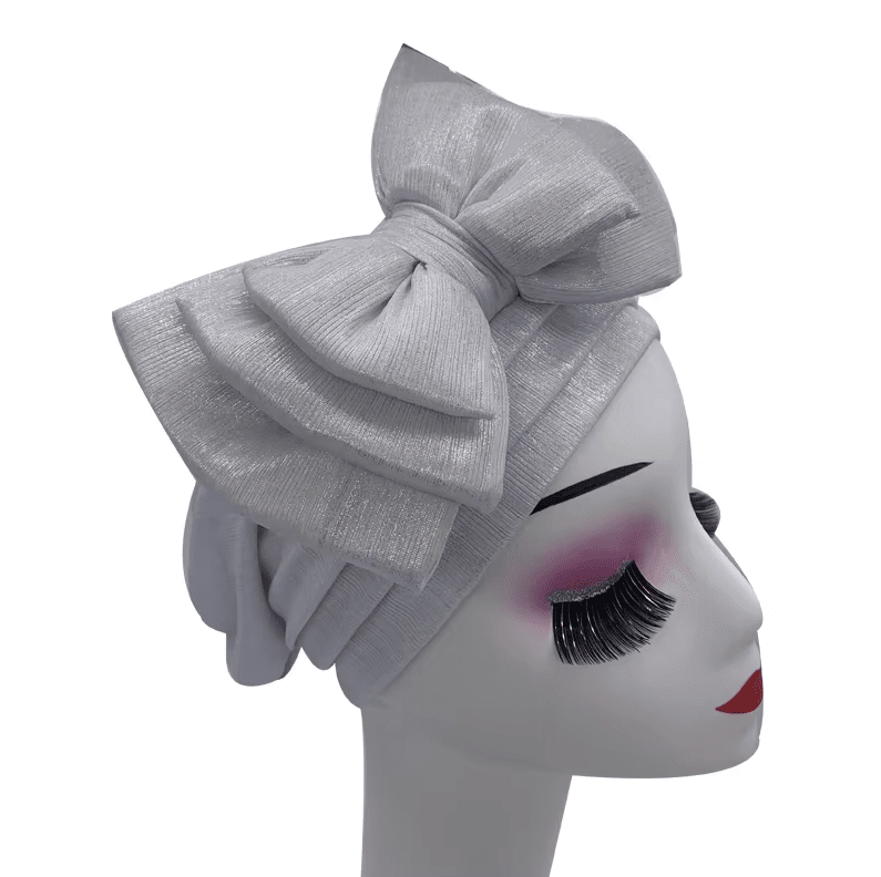 Women's African Bow Knotted Turban Head Wrap Hat jehouze Silver 