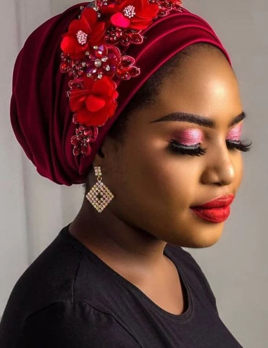 Women's African Turban Elegant Flower Diamonds Headwear Hat jehouze 