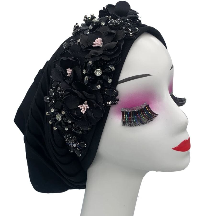 Women's African Turban Elegant Flower Diamonds Headwear Hat jehouze Black 