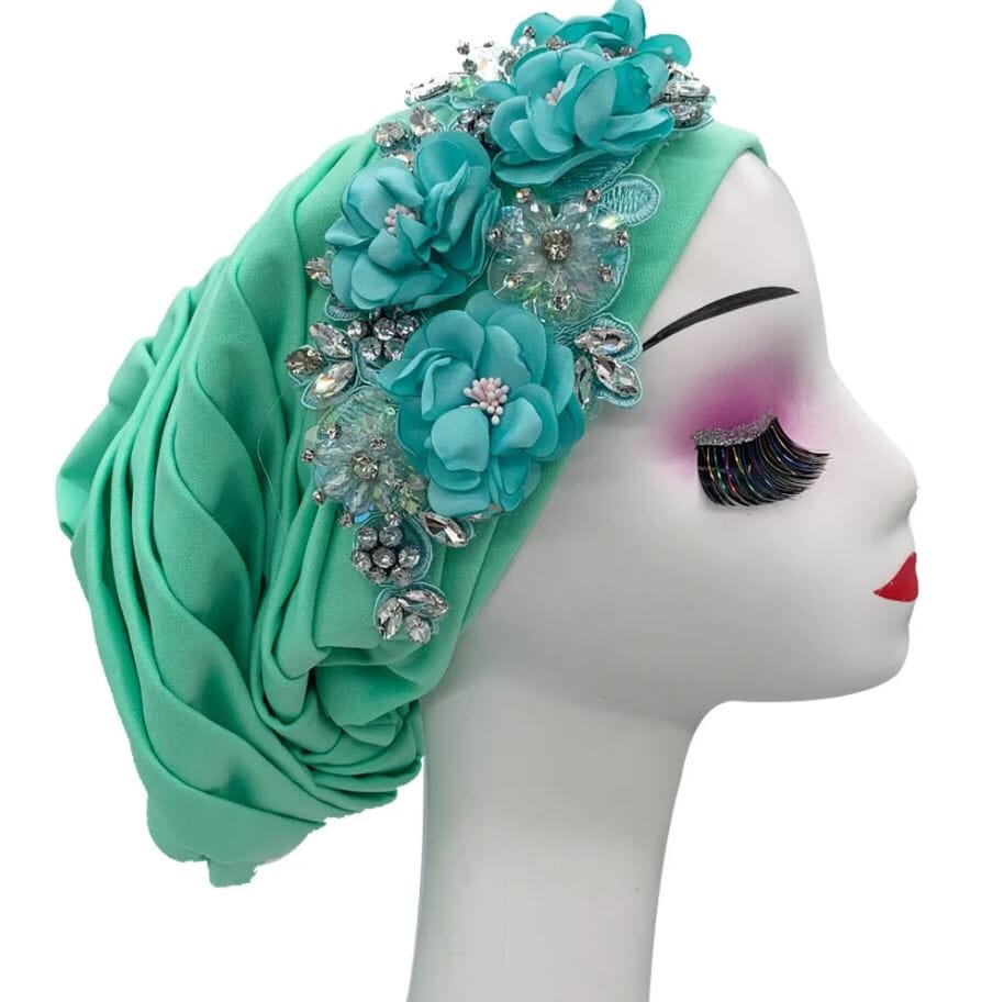 Women's African Turban Elegant Flower Diamonds Headwear Hat jehouze Light Green 