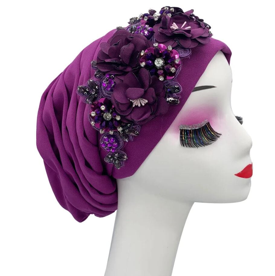 Women's African Turban Elegant Flower Diamonds Headwear Hat jehouze Purple 