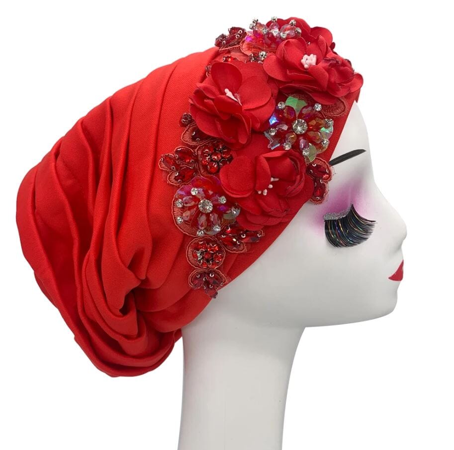 Women's African Turban Elegant Flower Diamonds Headwear Hat jehouze Red 