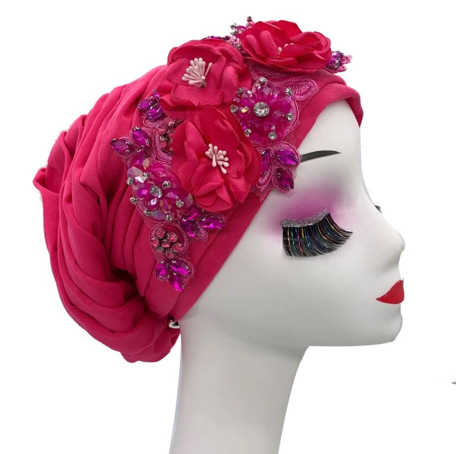 Women's African Turban Elegant Flower Diamonds Headwear Hat jehouze Rose Red 