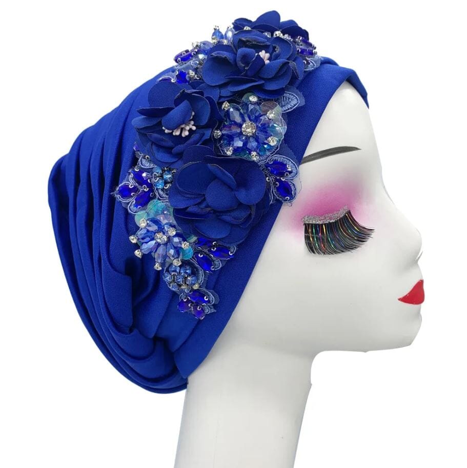 Women's African Turban Elegant Flower Diamonds Headwear Hat jehouze Royal Blue 