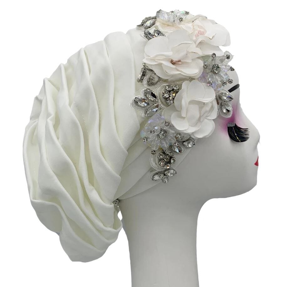 Women's African Turban Elegant Flower Diamonds Headwear Hat jehouze White 