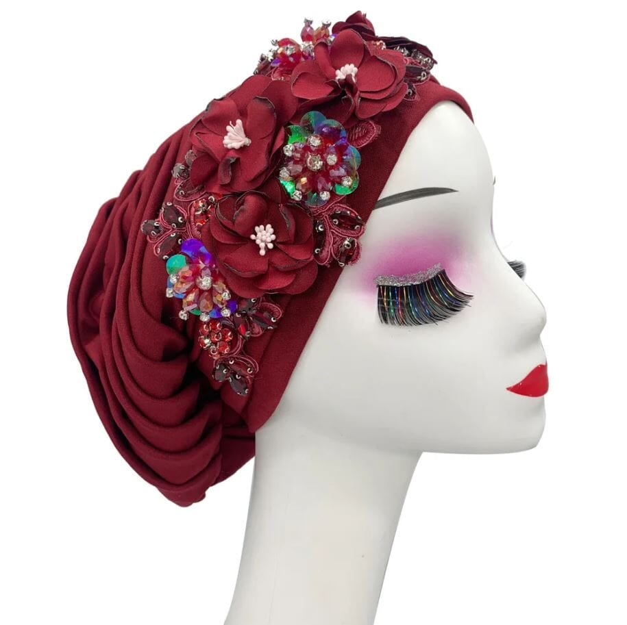Women's African Turban Elegant Flower Diamonds Headwear Hat jehouze Wine Red 