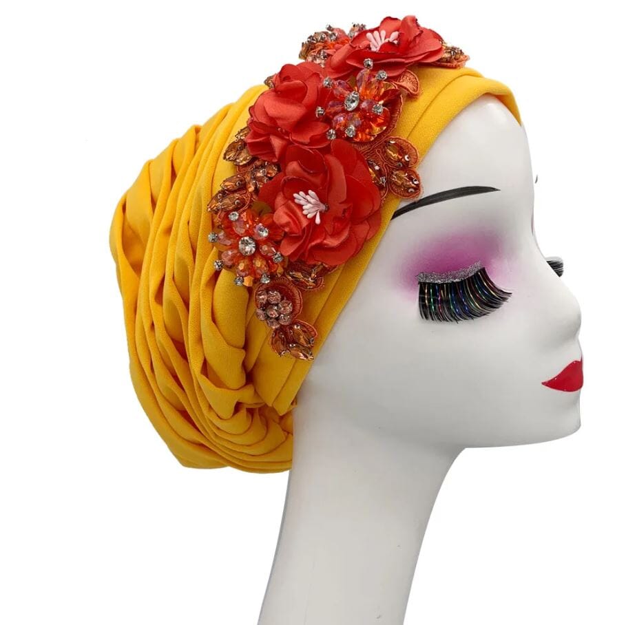 Women's African Turban Elegant Flower Diamonds Headwear Hat jehouze Yellow 