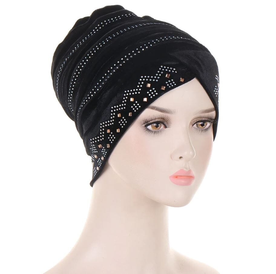 Women's African Turban Glitter Soft Velvet Head Wrap Hat jehouze Black 