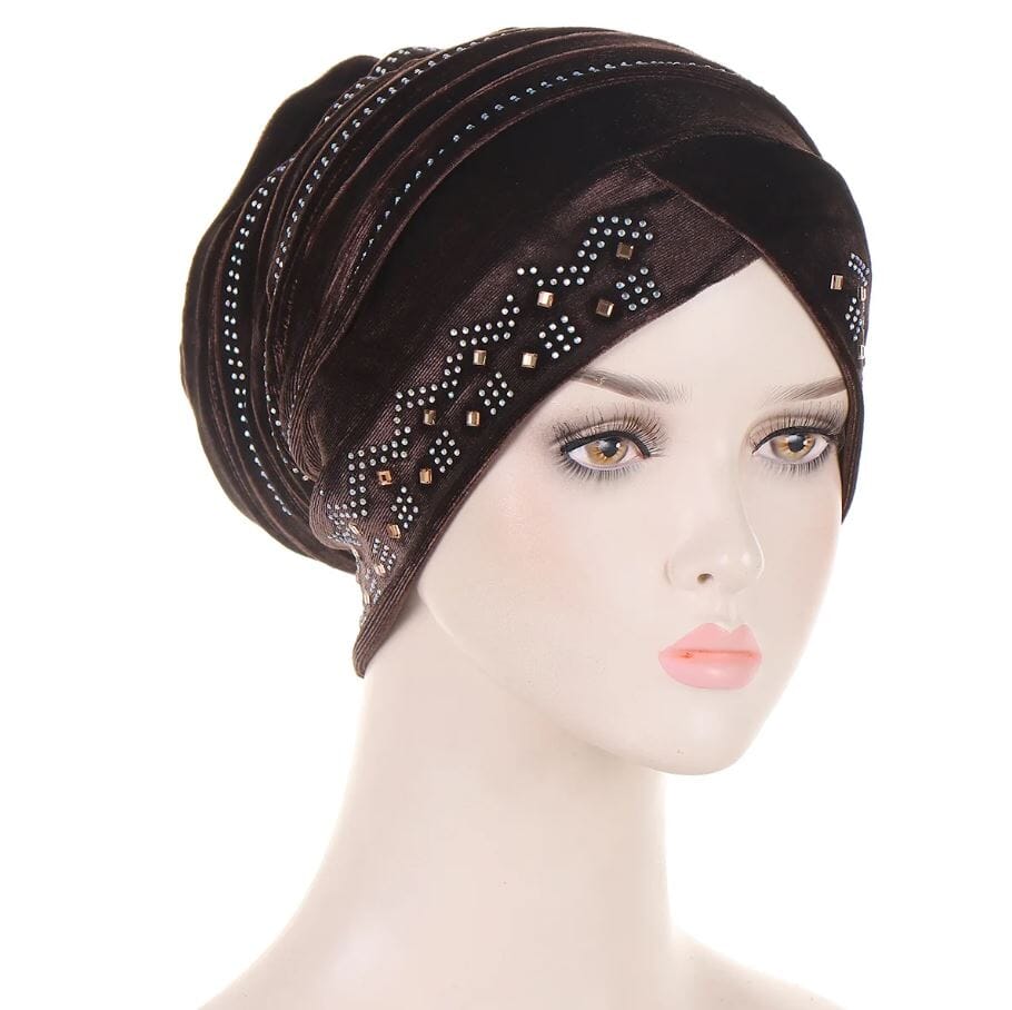 Women's African Turban Glitter Soft Velvet Head Wrap Hat jehouze Coffee Brown 