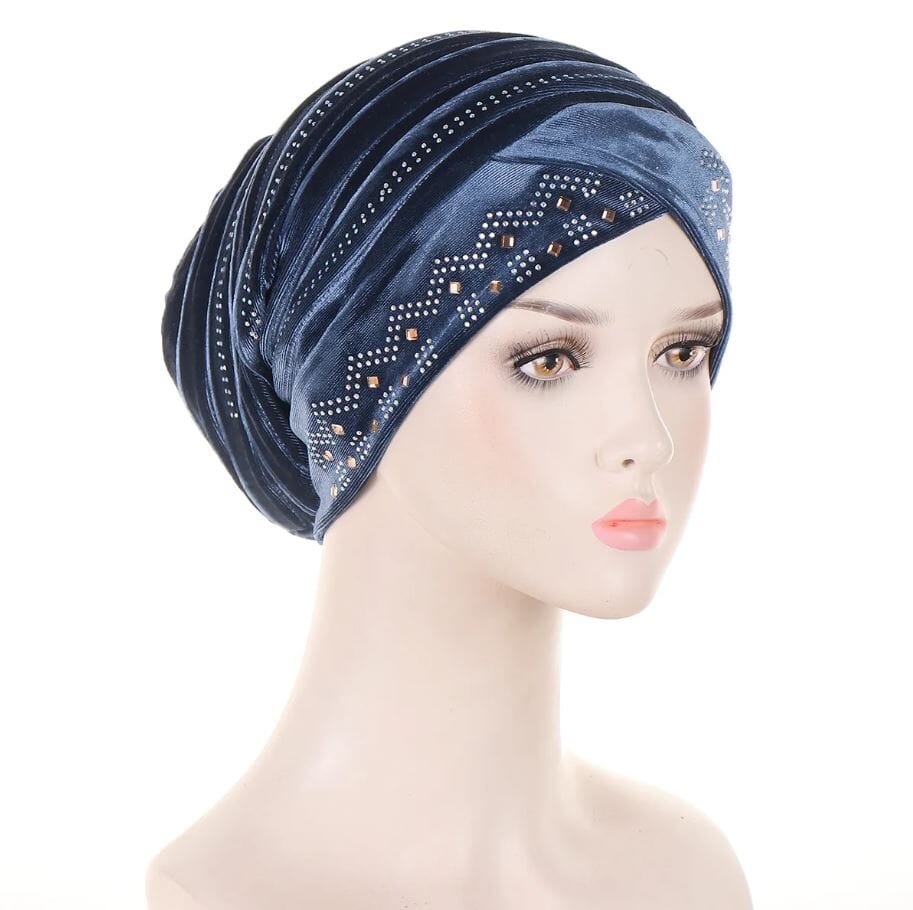 Women's African Turban Glitter Soft Velvet Head Wrap Hat jehouze Denim Blue 