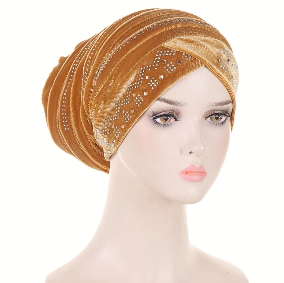 Women's African Turban Glitter Soft Velvet Head Wrap Hat jehouze Gold 