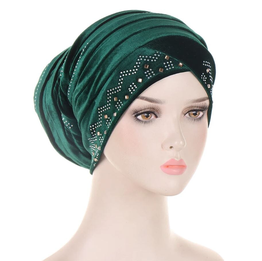 Women's African Turban Glitter Soft Velvet Head Wrap Hat jehouze Green 
