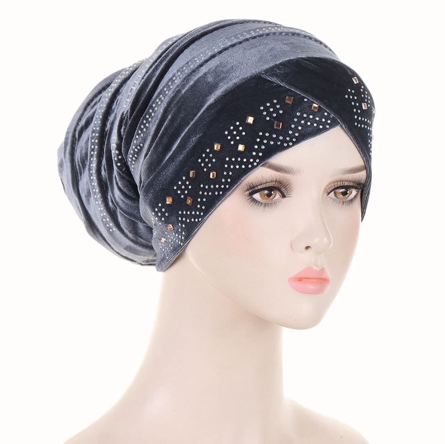 Women's African Turban Glitter Soft Velvet Head Wrap Hat jehouze Grey 