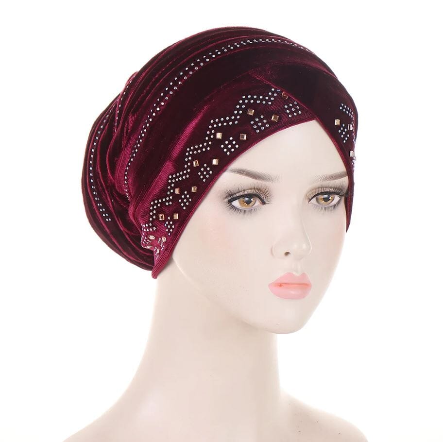 Women's African Turban Glitter Soft Velvet Head Wrap Hat jehouze Wine Red 