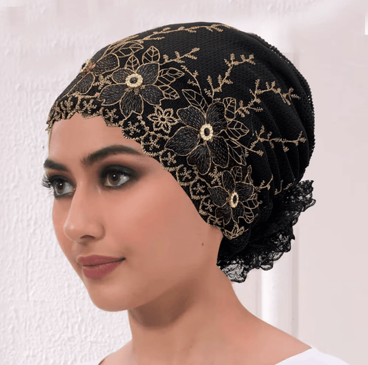 Women's Floral Embroidered Turban Muslim Lady Head Wrap African Cap Hat jehouze Black 