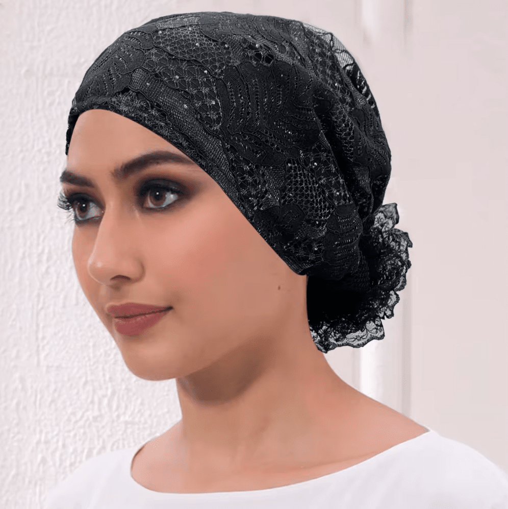 Women's Floral Embroidered Turban Muslim Lady Head Wrap African Cap Hat jehouze black1 