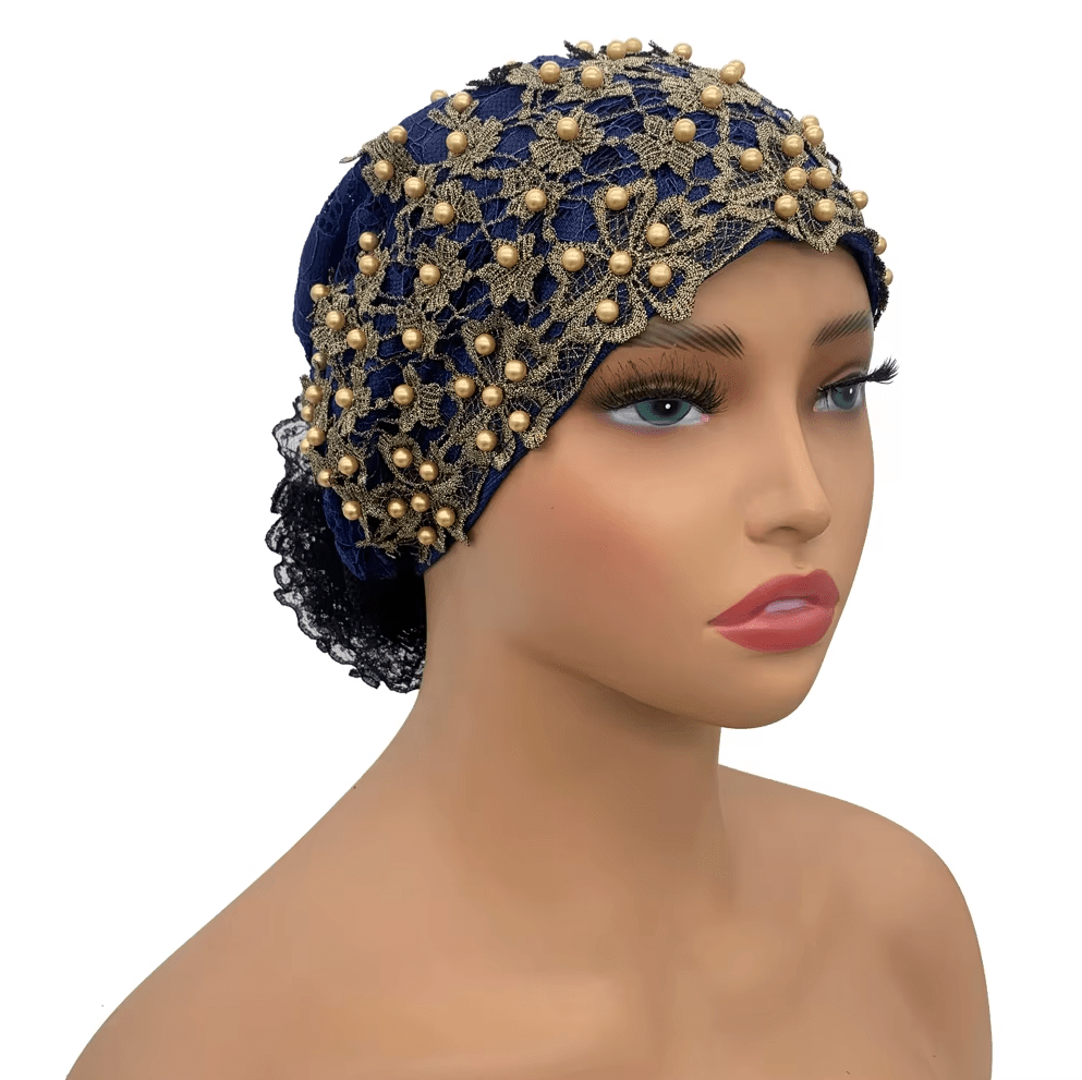 Women's Floral Embroidered Turban Muslim Lady Head Wrap African Cap Hat jehouze Black(with bead) 