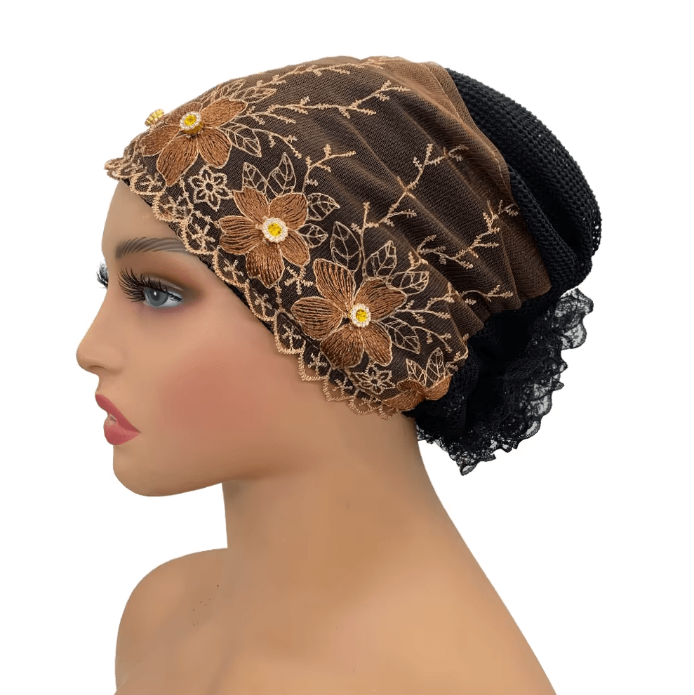 Women's Floral Embroidered Turban Muslim Lady Head Wrap African Cap Hat jehouze Coffee Brown 
