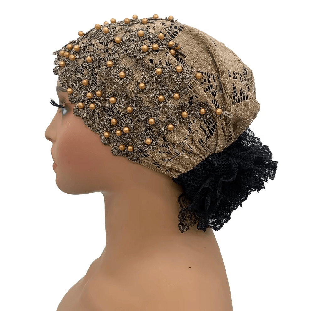 Women's Floral Embroidered Turban Muslim Lady Head Wrap African Cap Hat jehouze Khaki(with bead) 