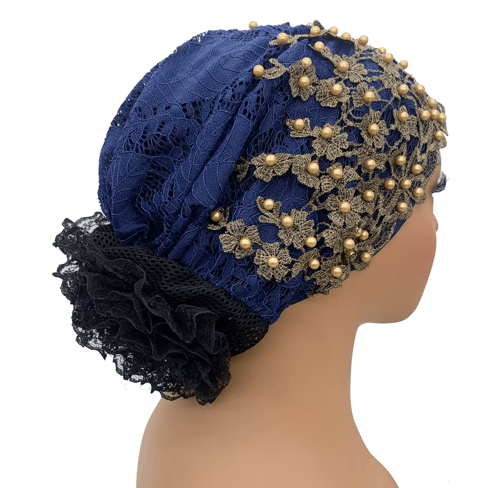 Women's Floral Embroidered Turban Muslim Lady Head Wrap African Cap Hat jehouze Navy Blue(with bead) 