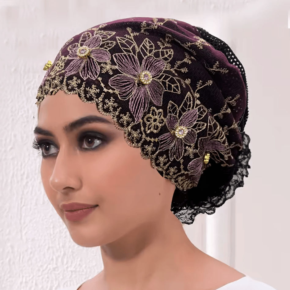 Women's Floral Embroidered Turban Muslim Lady Head Wrap African Cap Hat jehouze Purple 
