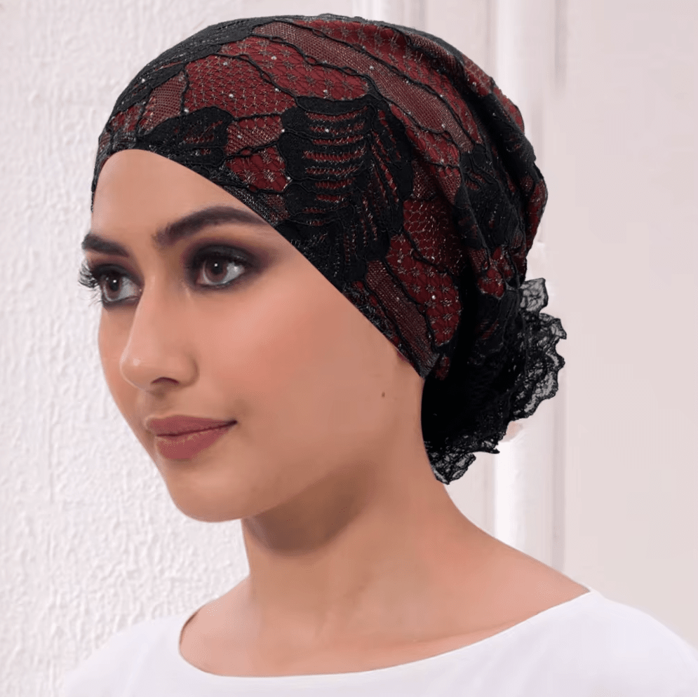 Women's Floral Embroidered Turban Muslim Lady Head Wrap African Cap Hat jehouze Wine red1 