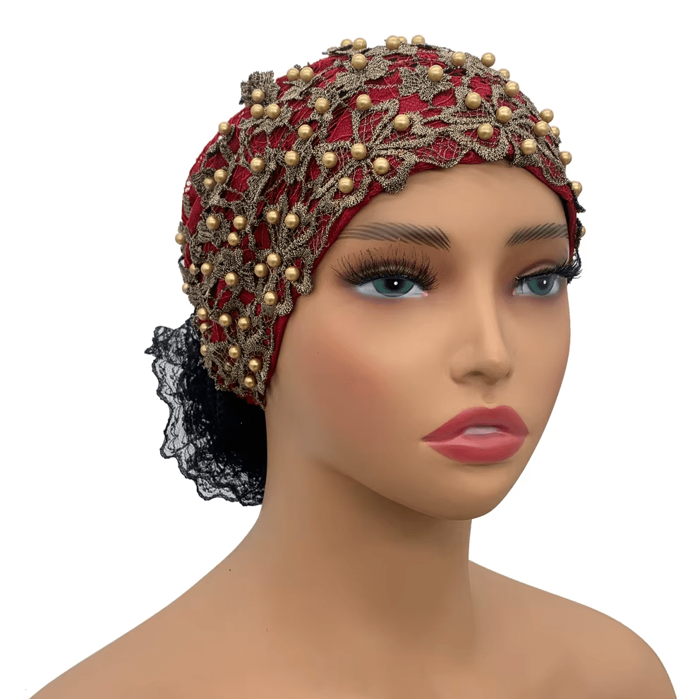 Women's Floral Embroidered Turban Muslim Lady Head Wrap African Cap Hat jehouze Wine Red(with bead) 