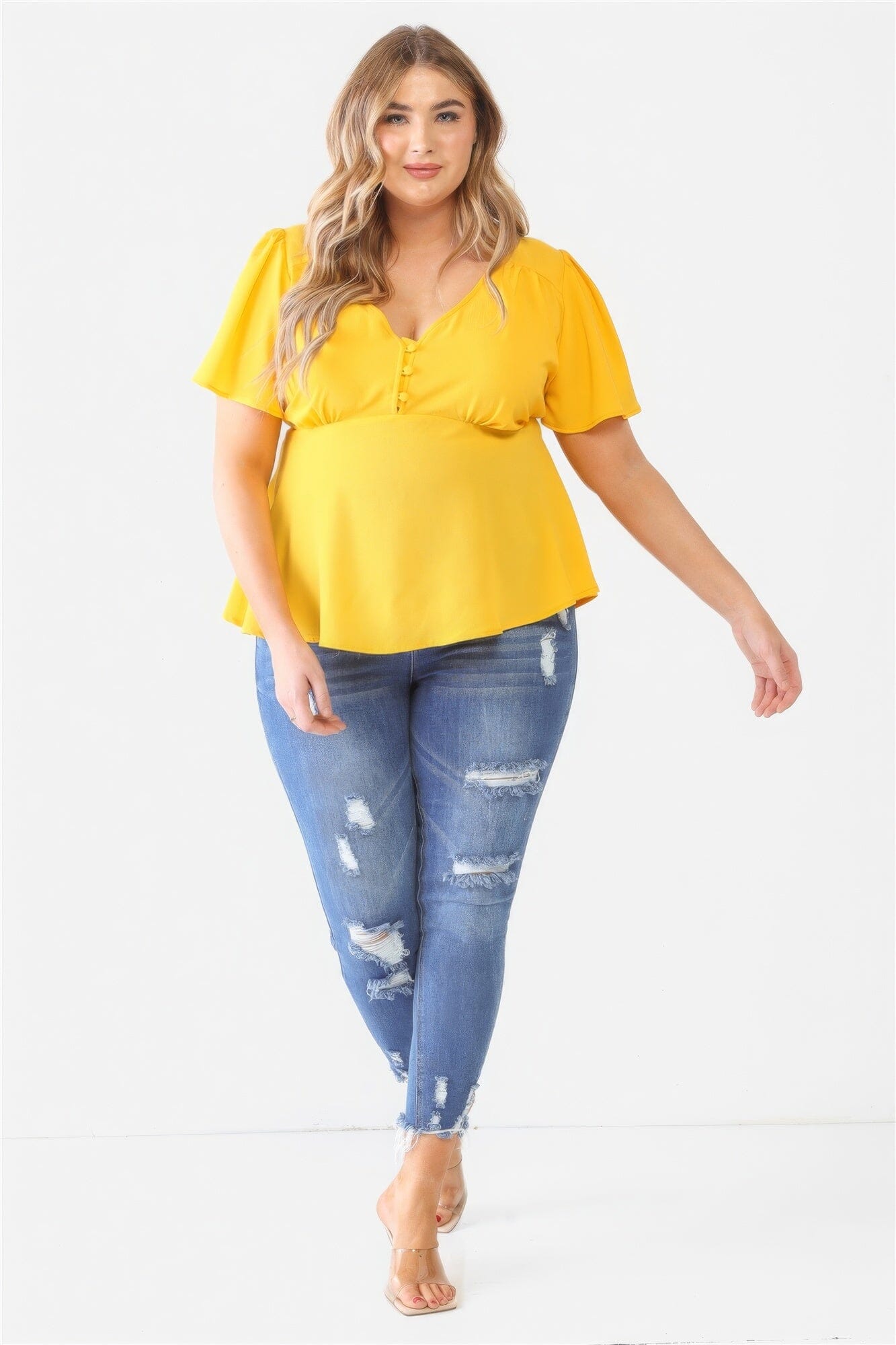 Yellow Plus Size Button Up V Neck Short Sleeve Flare Top Shirts & Tops jehouze 1XL 