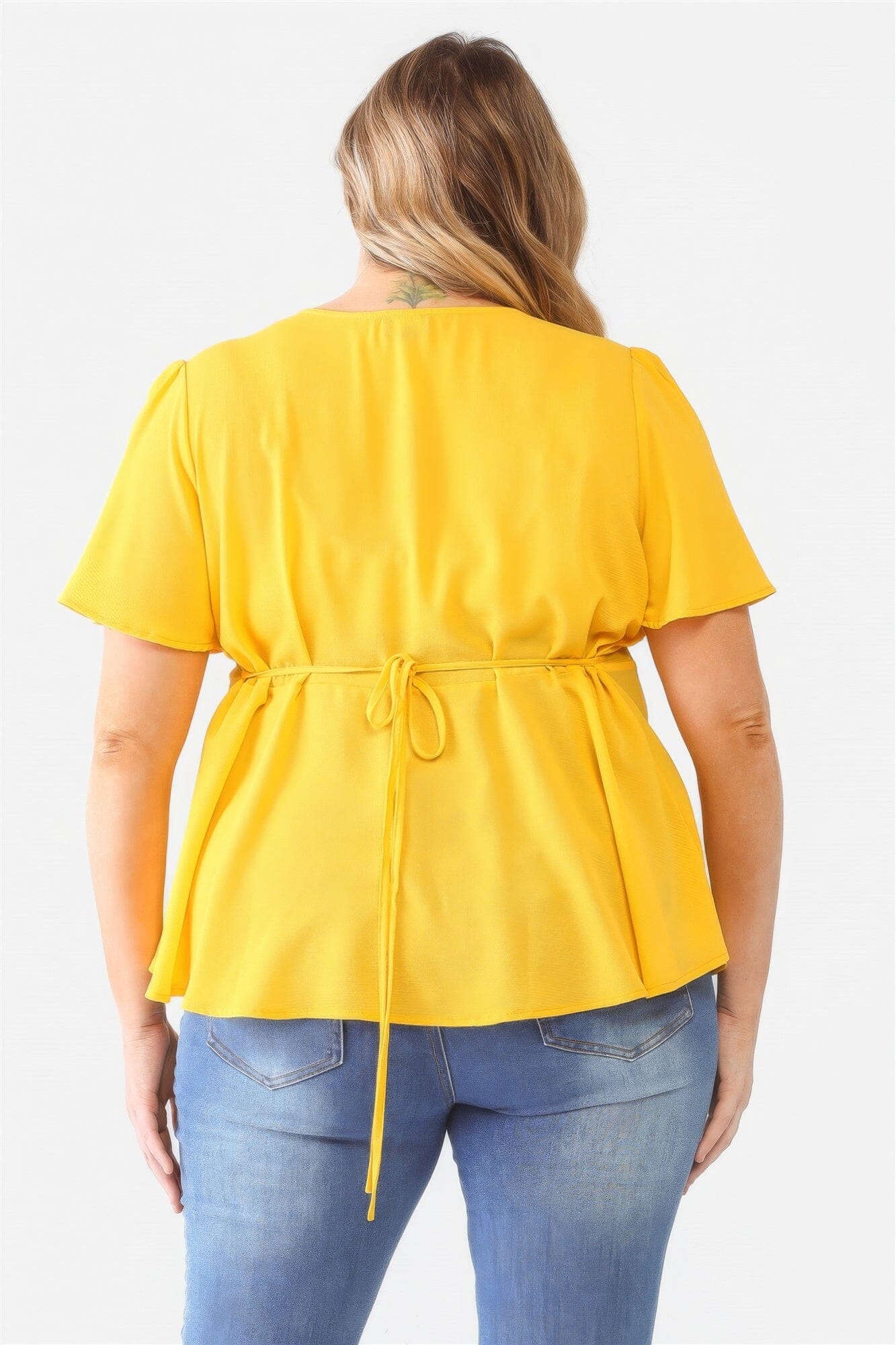 Yellow Plus Size Button Up V Neck Short Sleeve Flare Top Shirts & Tops jehouze 